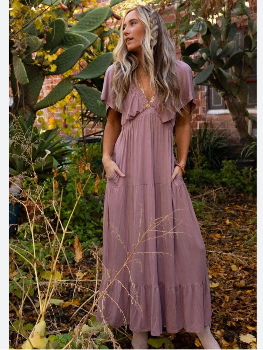 New: Three Bird Nest Mauve “On Repeat” Ruffle Neckline Tiered Maxi Dress• Smal - Picture 7 of 7